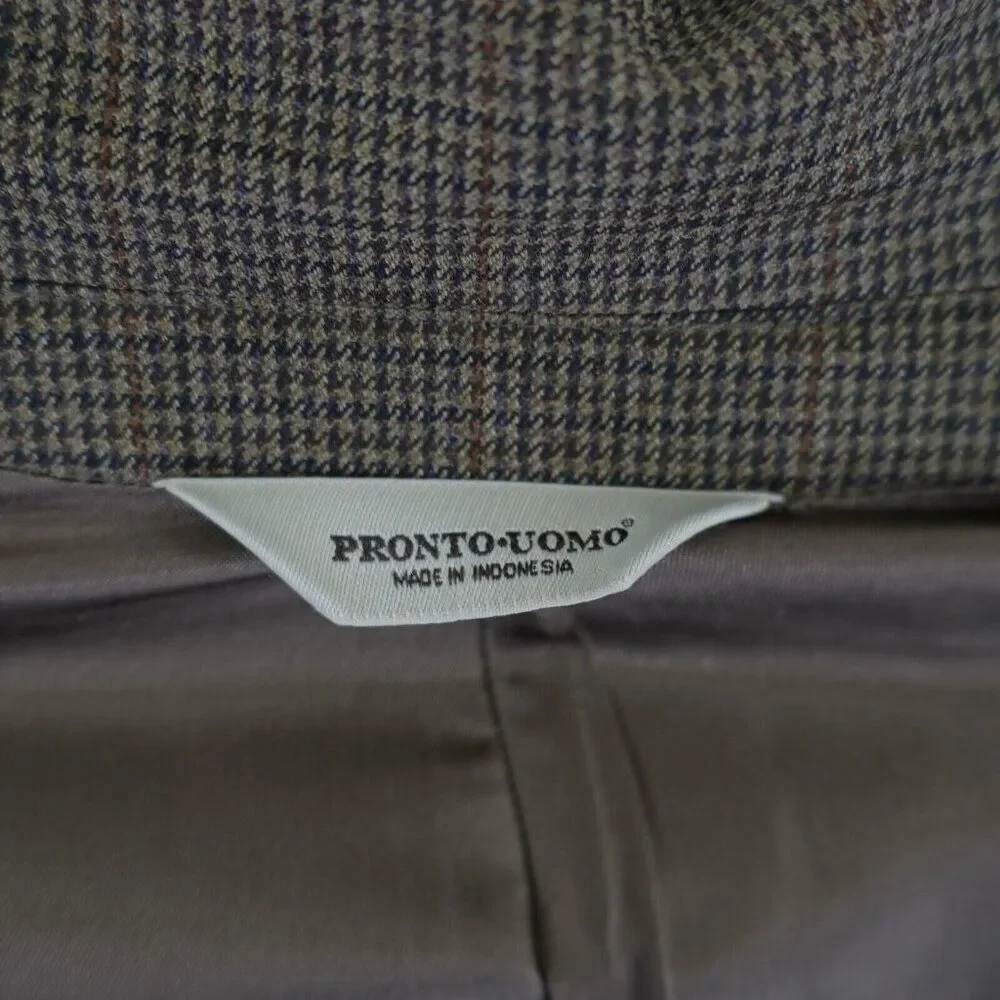 Pronto Uomo Brown Tan Tweed Wool Houndstooth Windowpane 40R 2 Button Sport Coat‎